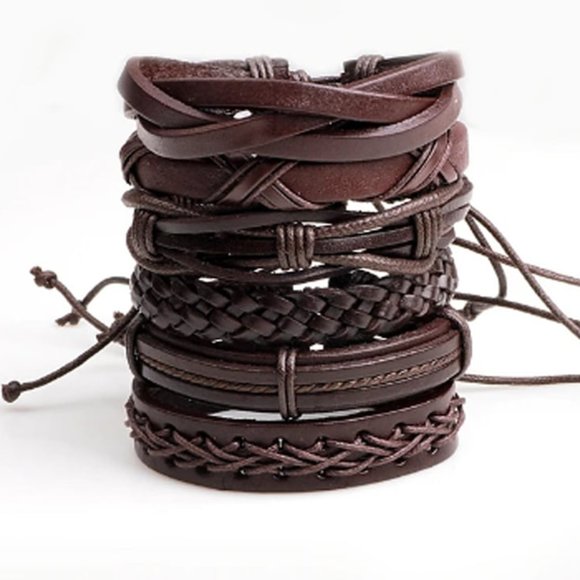 6pcs Men's Multilayer Leather Bracelet (Brown) ADJUSTABLE SIZES - Picture 1 of 5